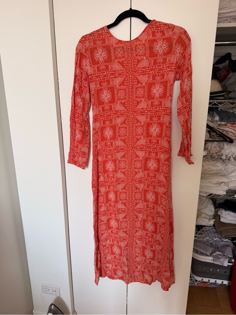 Women's Orange Embroidered Long Sleeve Maxi Dress